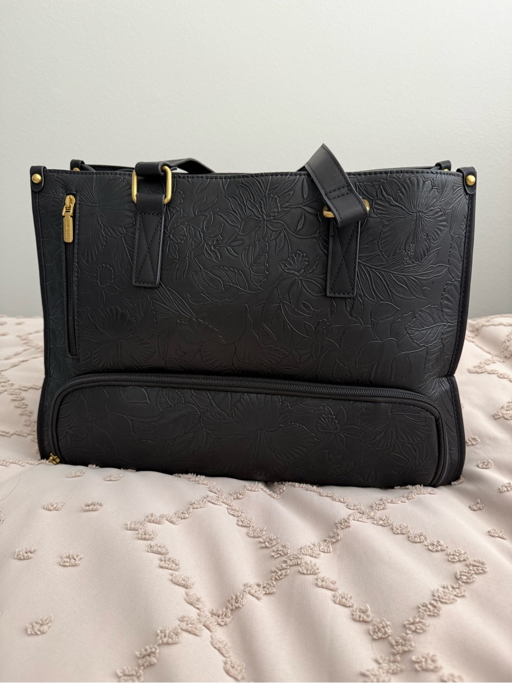 Insulated Black Floral-Embossed Tote - Picture 3 of 6